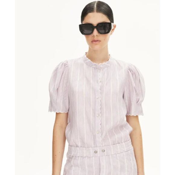 Tuckernuck LANHTROPY 100% Linen Scallop Blouse Striped Puff Sleeve Shirt Top - Picture 2 of 15